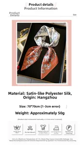 Detail view of 70x70cm floral satin silk scarf with orange baroque scroll pattern