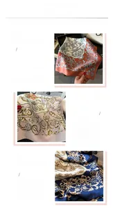 Detailed view of baroque floral silk-like scarves featuring premium digital printing and hemmed edges