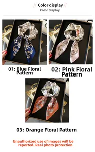 Detailed color display of silk scarves with navy, pink and orange baroque patterns