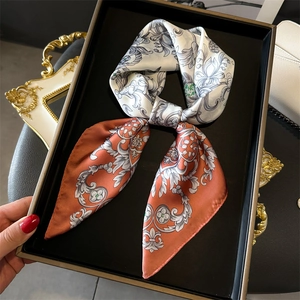 Elegant floral satin twilly scarf with baroque print in orange and blue grey colors