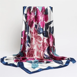 Floral Print Satin Square Scarf Large Imitation Satin Bandana Shawl Fashion Sun Protection Headscarf Women