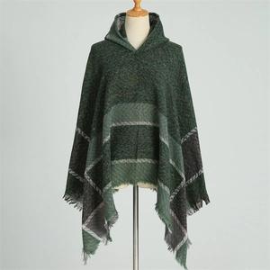 Poncho À Capuche Femme Écharpe Faux Cachemire Carreaux Chevrons Manteau Franges Pullover Châle D'Hiver Cape Mode Chaud