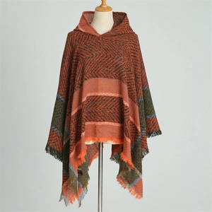 Poncho à capuche pour femme motif chevrons, châle en maille orange et noir avec franges