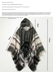 Detailed dimensions of plaid hooded poncho featuring soft cashmere-like fabric and fringes
