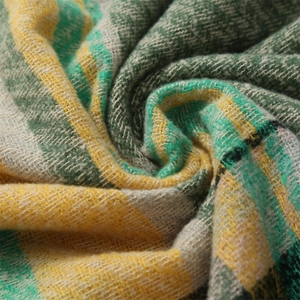 Detail of herringbone knit texture and colorful plaid pattern on hooded shawl wrap