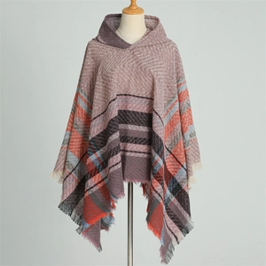 Women plaid hooded poncho cape with fringe tassels and warm cashmere-like knit texture