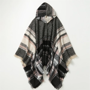 Women's warm hooded poncho cape with classic plaid pattern and fringe hem detailing