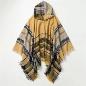 Close-up of yellow plaid hooded poncho showing soft knit texture and fringe tassels