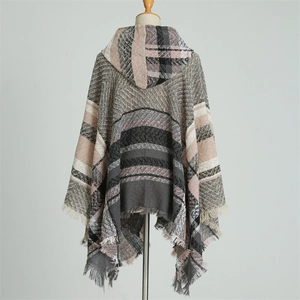 Close-up of the hooded plaid shawl featuring soft pink and grey herringbone knit texture