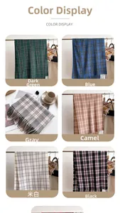 Detail view of plaid cashmere-like scarves with tassel fringe in six classic color options