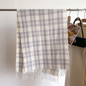 Detail of soft plaid scarf with fringe hanging on hanger with autumn accessories