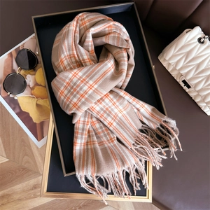 Classic plaid imitation cashmere scarf with tassels in beige, white and orange colors