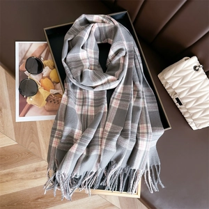 Classic pink and grey plaid scarf with tassels, winter cashmere-feel warm neck wrap