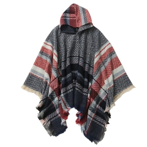 Plaid hooded cloak poncho in red and blue cashmere-like fabric with tassels for winter