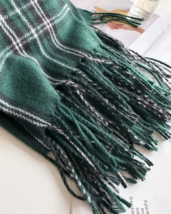Macro shot of green plaid scarf texture and decorative fringe tassels for autumn