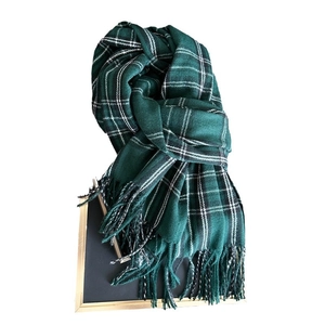 Dark green plaid tassel scarf in cashmere-like fabric on a display stand