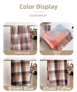 Detailed color options of rainbow plaid scarves with tassels in four soft knit patterns