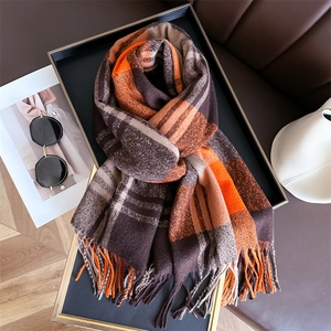 Rainbow plaid faux cashmere scarf with tassels, warm autumn winter fashion neck wrap
