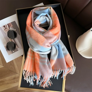 Rainbow plaid cashmere feel scarf with fringe tassel detail for autumn and winter