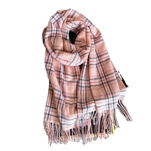 Écharpe à carreaux roses aspect cachemire avec franges pour mode automne hiver