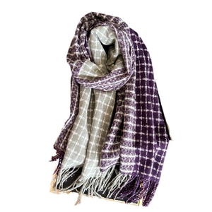 Écharpe à carreaux violets et gris en imitation cachemire avec franges chaudes