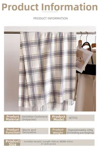 Detail eines beige-grau karierten Pashmina-Schals mit Fransen und weicher Textur