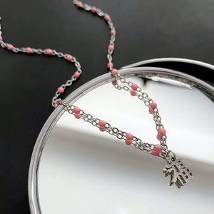 Collier Pendentif Caractère Fu En Acier Titane Avec Perles Colorées Style Chinois Chaîne Clavicule Pour Femmes