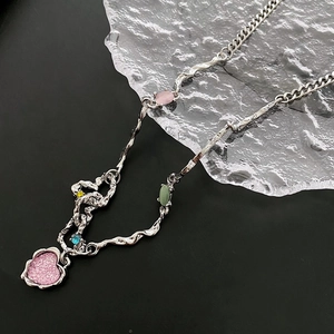 Pink Heart Pendant Necklace Stainless Steel Irregular Lava Chain Colorful Beads Fashion Jewelry Women