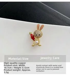 Detailed macro view of rabbit brooch with white rhinestones and pearl on copper base