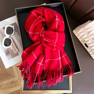 Red plaid faux cashmere scarf with tassels, stylish unisex winter warm stole wrap