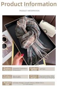Detail view of a plaid cashmere-like scarf with fringe, featuring size and material info