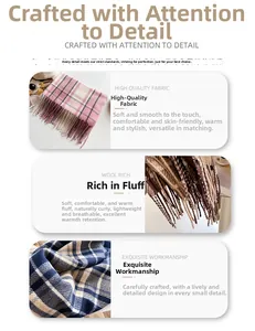 Close-up of soft plaid scarf fabric showing wool-like texture and tassel fringe details