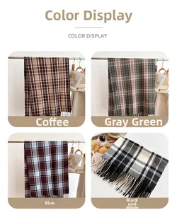 Color display of plaid tassel scarves in coffee, grey-green, blue, and black white