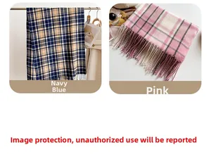 Detailed comparison of navy and pink plaid tassel scarves with soft cashmere feel