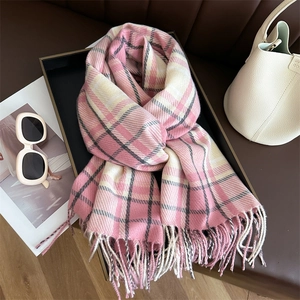 Classic pink and cream plaid cashmere-like scarf with tassels for winter fashion