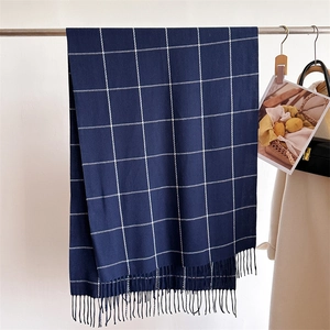 Detail of dark blue checkered scarf with tassels styled on a hanger with autumn outfit