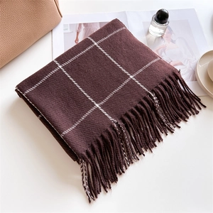 Detail of brown plaid scarf with tassels styled with magazines and fashion accessories