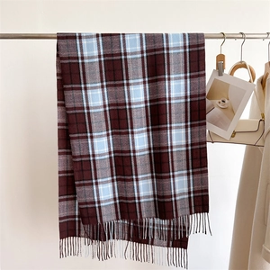 Close-up of classic burgundy and blue plaid pattern with neat tassel edge detailing