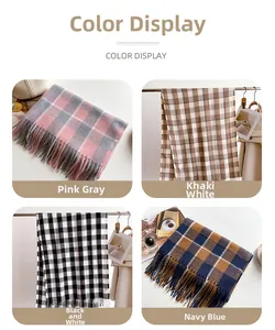 Détails d'écharpe à carreaux à franges en rose gris, kaki blanc, noir blanc et bleu marine