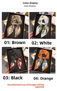 Detailed four-color collage of floral printed satin silk scarves for women's neckwear