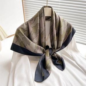 Cloud print silk twill square scarf with camouflage pattern and black border trim