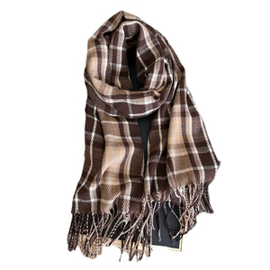 Classic brown plaid cashmere-like scarf with fringe detail for autumn and winter