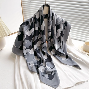 Cloud print silk scarf 90cm twill square with gray abstract camouflage pattern