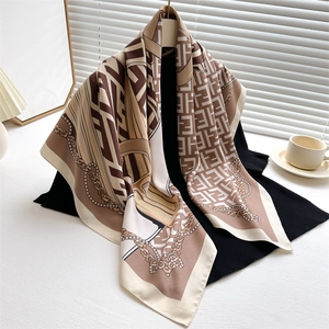 French vintage silk scarf with geometric chain prints and elegant brown tones