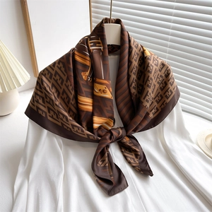 French vintage style large square silk scarf with brown geometric letter patterns and chain print