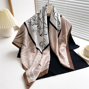 Large Square Scarf Vintage Lotus Print Satin Polyester Twill Satin Feel Elegant Head Scarf For Women