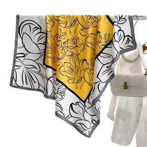 Floral print satin square scarf with yellow geometric blocks and grey border