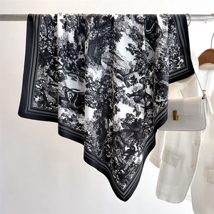 90cm Seidentuch mit Leoparden-Dschungel-Print und Vintage Toile-de-Jouy-Muster in Schwarz-Weiß