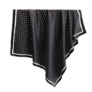 Elegant 90cm black silk-like scarf with white polka dots and a classic border