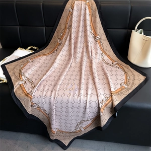Elegant 90cm silk square scarf with vintage chain patterns and black border drape